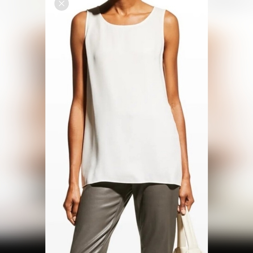 Lafayette 148 NewYork White Ruthie Silk Sleeveless Blouse With Slit On The Sides